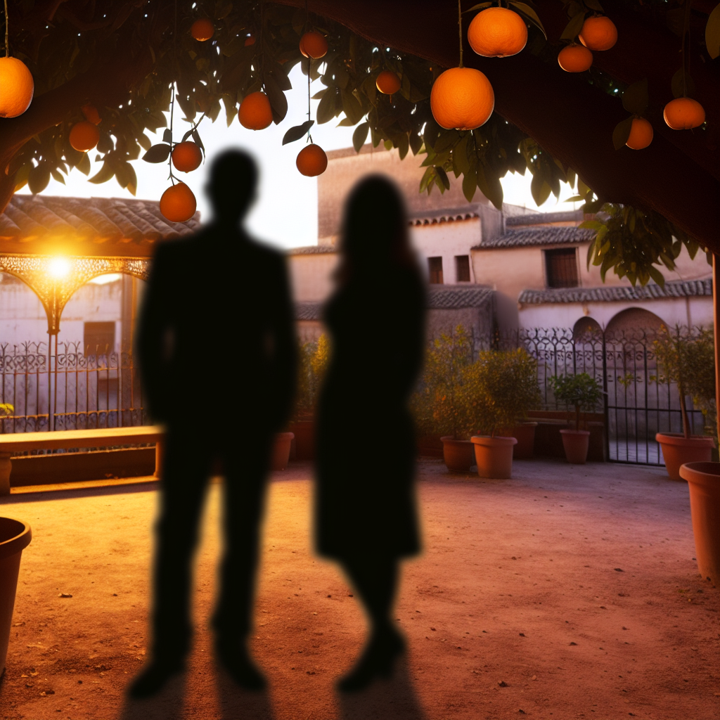 Mini boda en un patio con naranjos