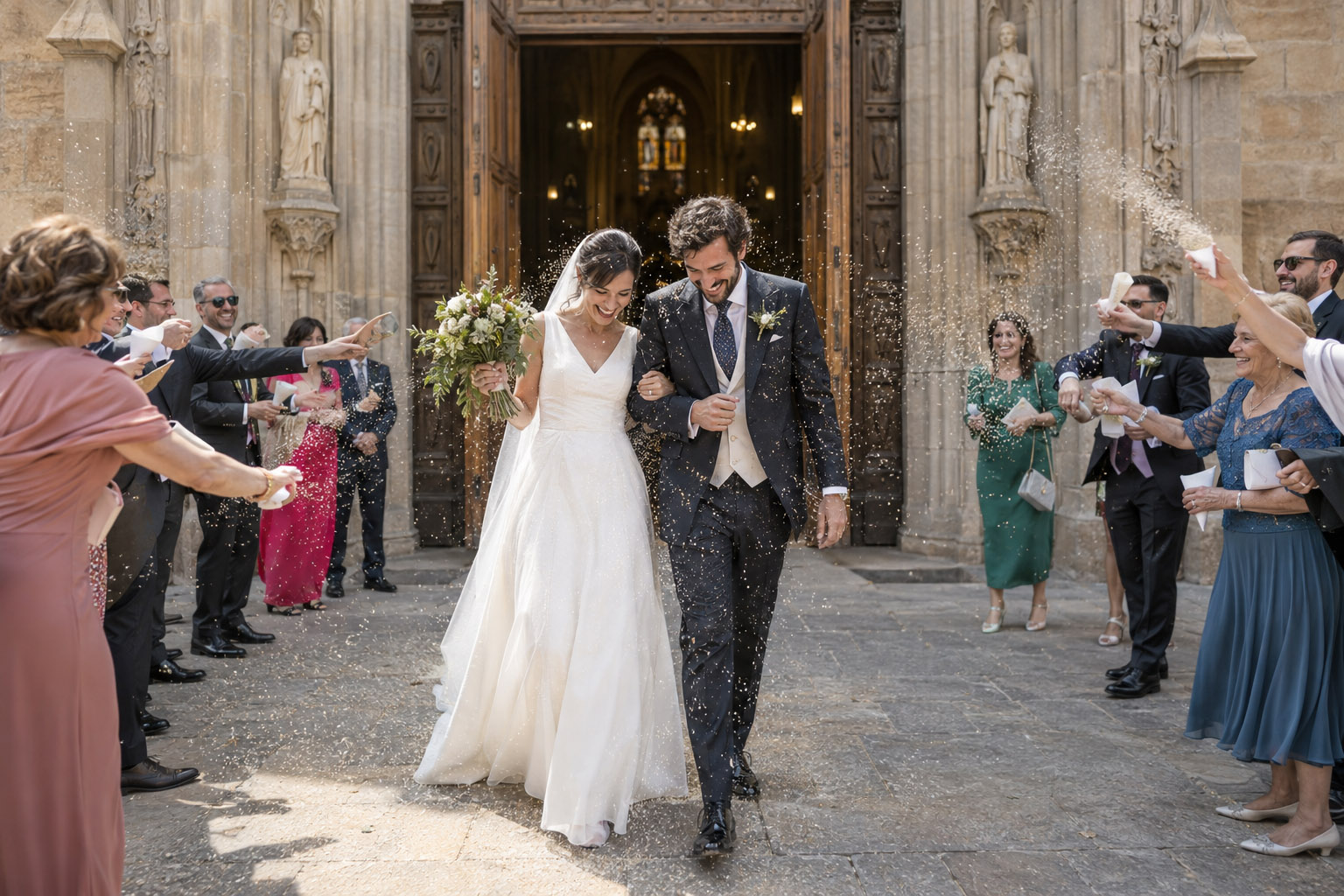 Novios saliendo de una iglesia entre invitados después de la ceremonia